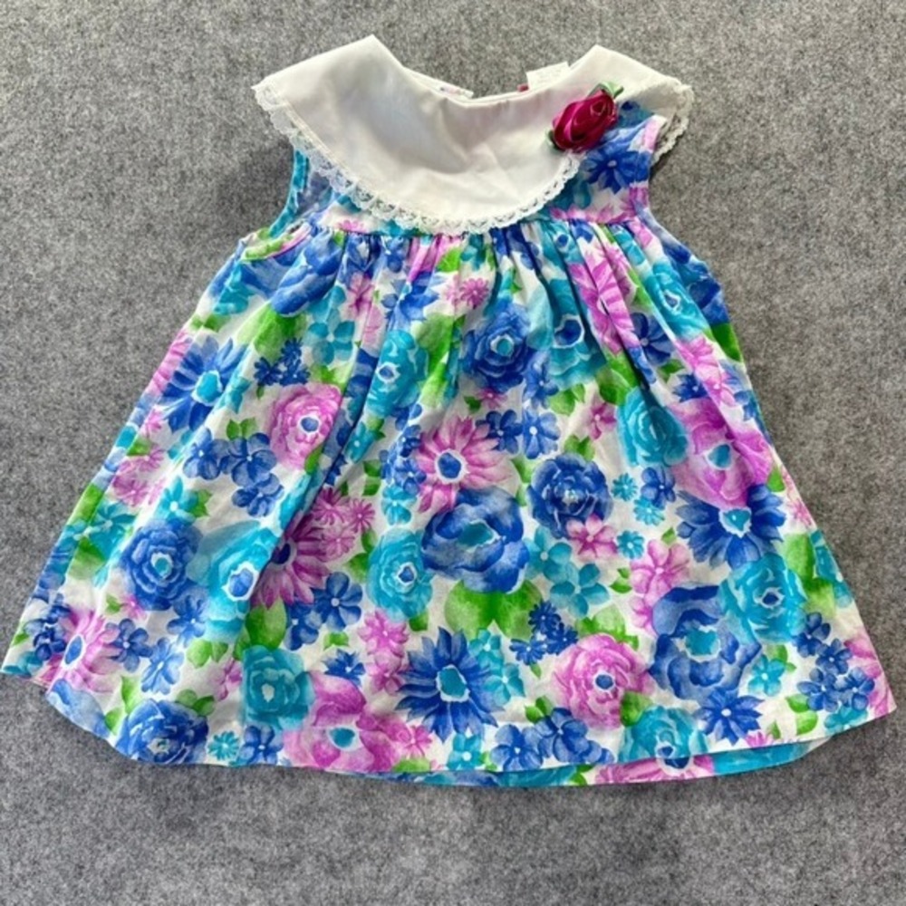 Forever Florals Vintage Girls 2T Floral Peter Pan Collar‎ Dress Blue Purple USA